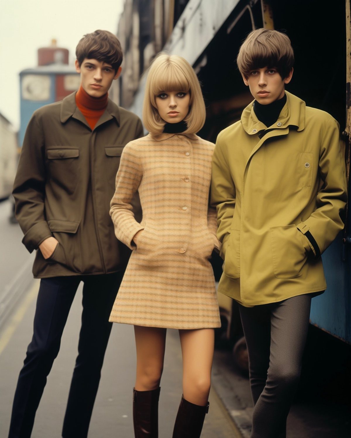 Three young people in sixties style clothing posing on a city street.