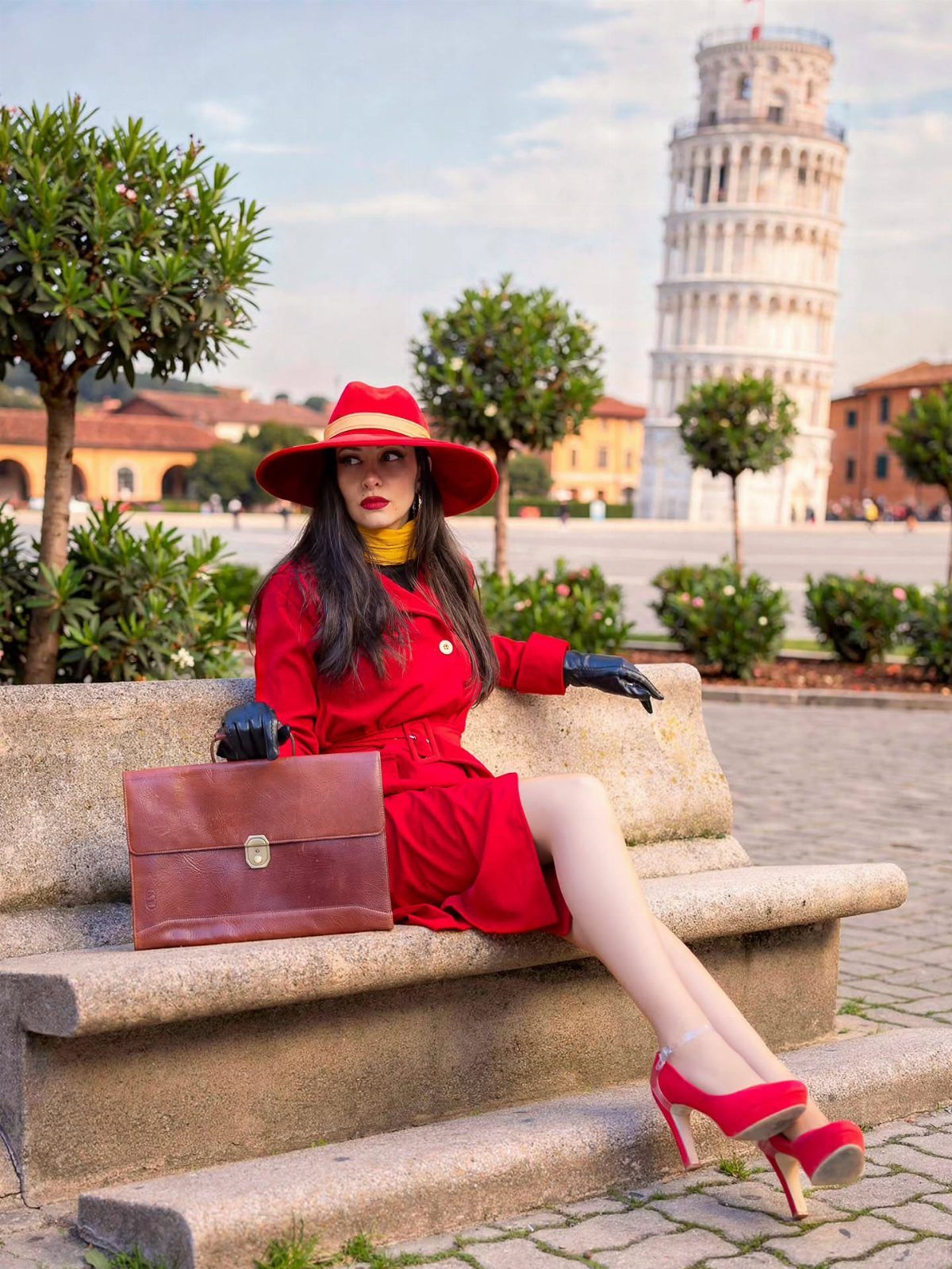 Woman in a red outfit and hat sitting on a bench with a briefcase near the Leaning Tower of Pisa.