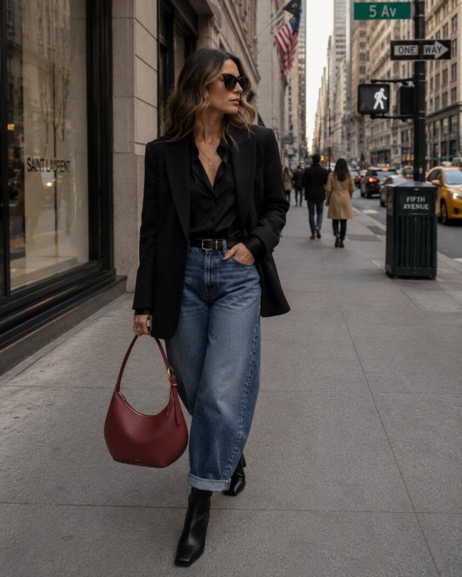 Woman in barrel jeans, black blazer, and black ankle boots walking on a city sidewalk.
