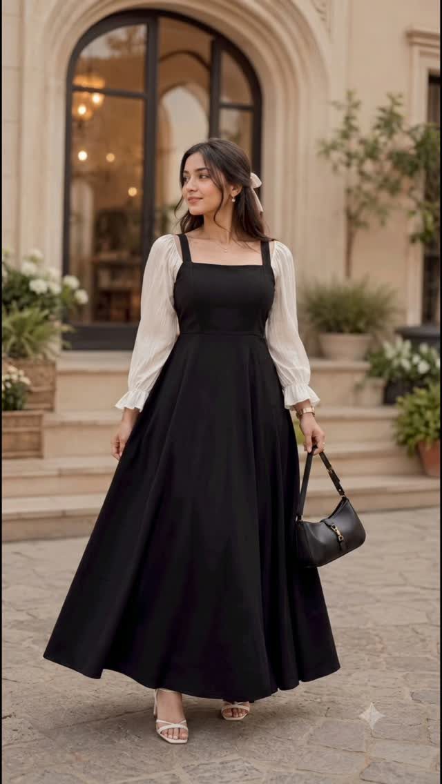 Woman in a long black maxi dress and white blouse walking outdoors near arched windows.