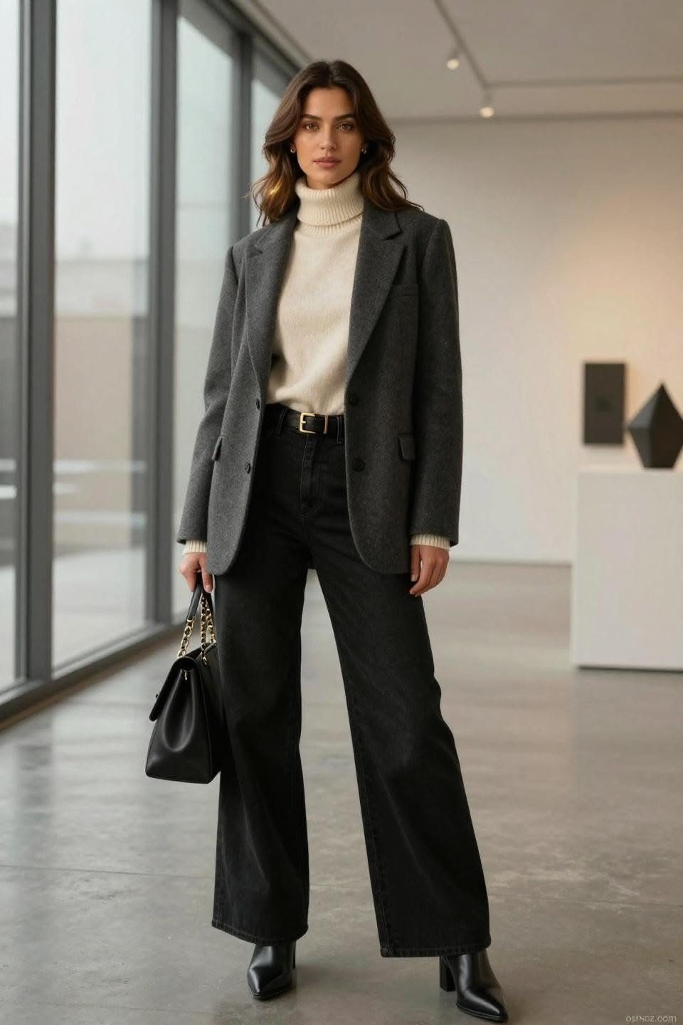 Woman wearing black wide-leg jeans, a grey blazer, and black leather ankle boots.