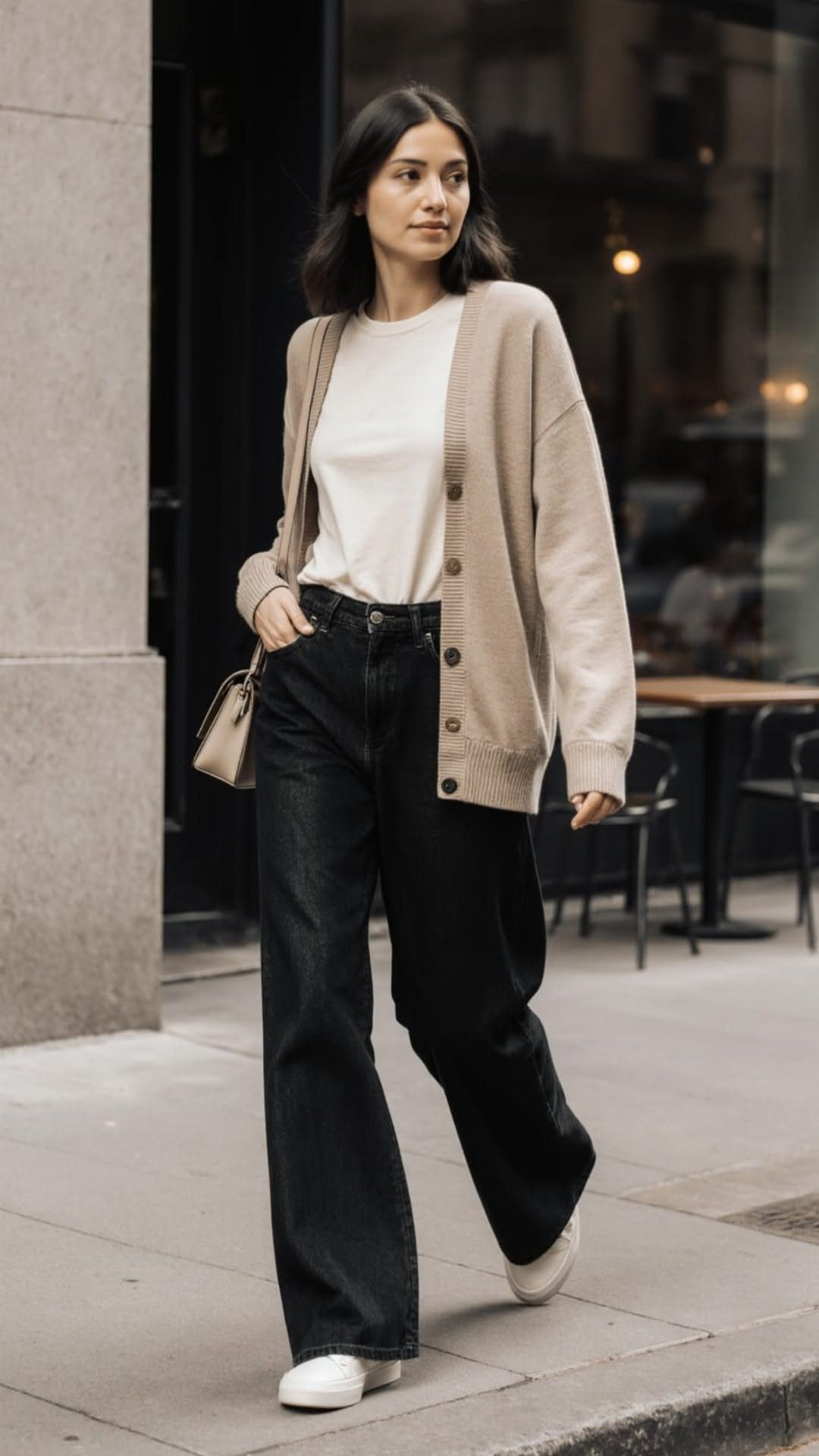 Woman walking in black wide-leg jeans, a beige cardigan, and white sneakers on a city street.