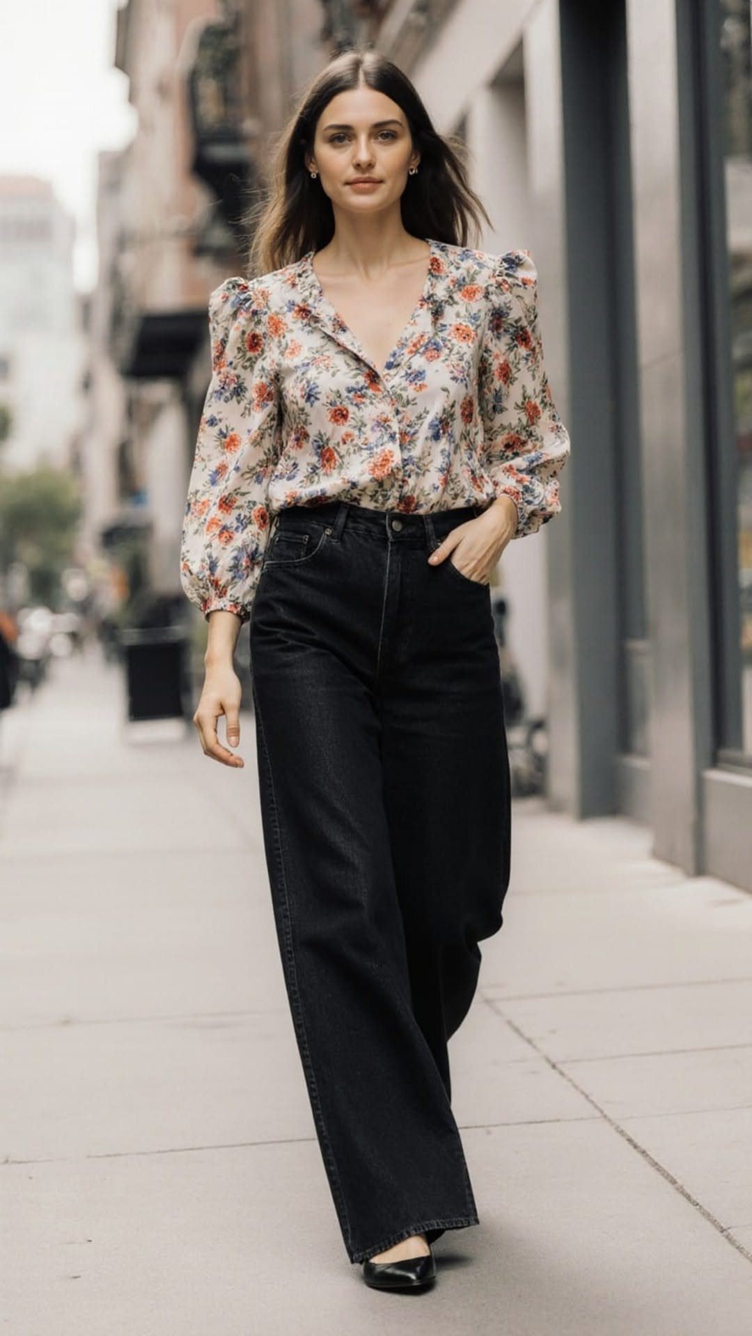 Woman walking down a city street wearing black wide leg jeans and a floral statement blouse.