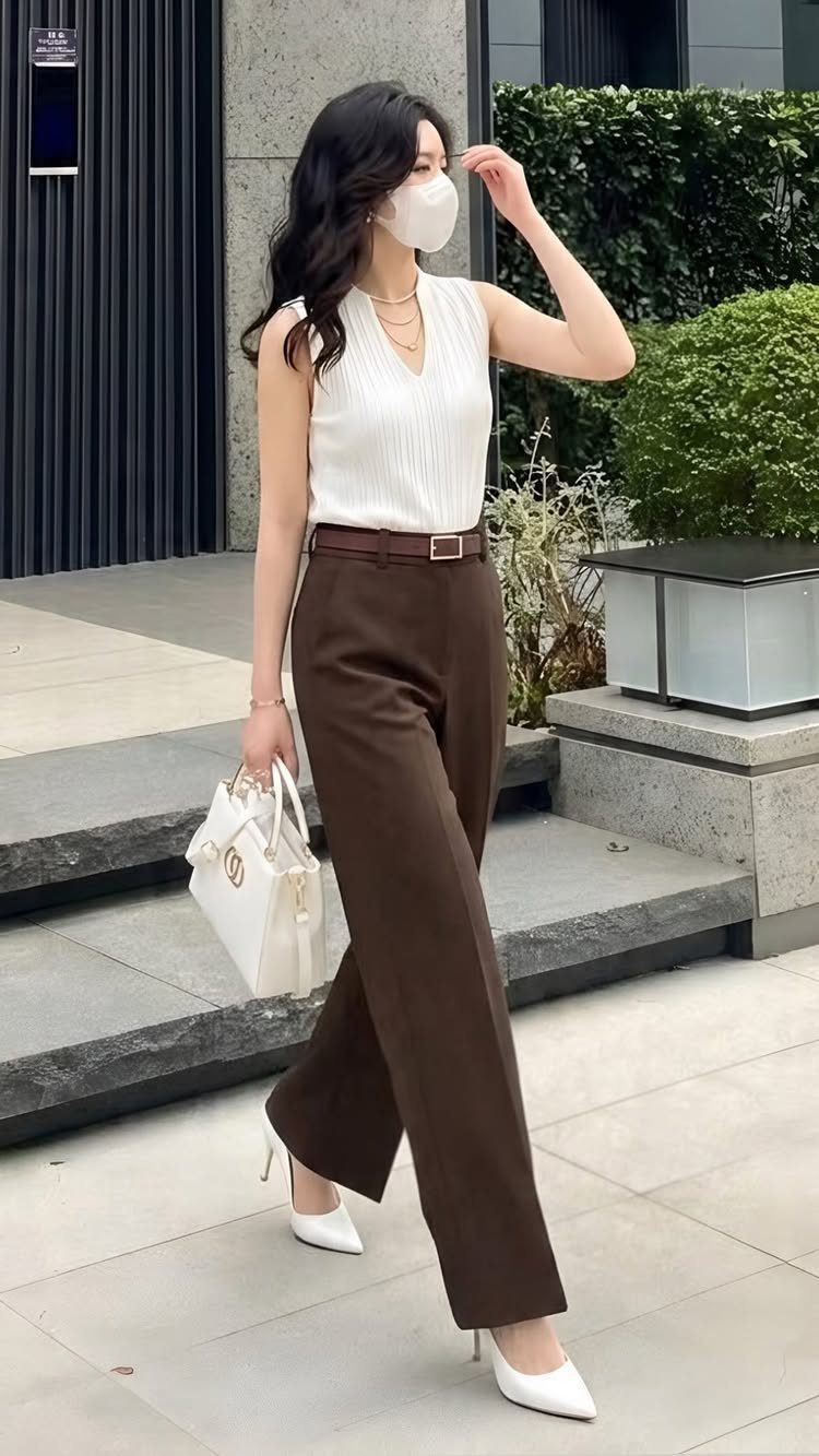 Woman in white sleeveless top and brown wide-leg trousers walking with a white handbag.
