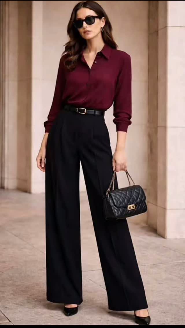 Woman in maroon shirt and black wide-leg trousers holding a black quilted handbag.