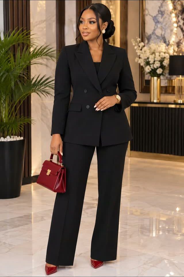 Woman in a black tailored pantsuit holding a burgundy handbag in a luxury interior.