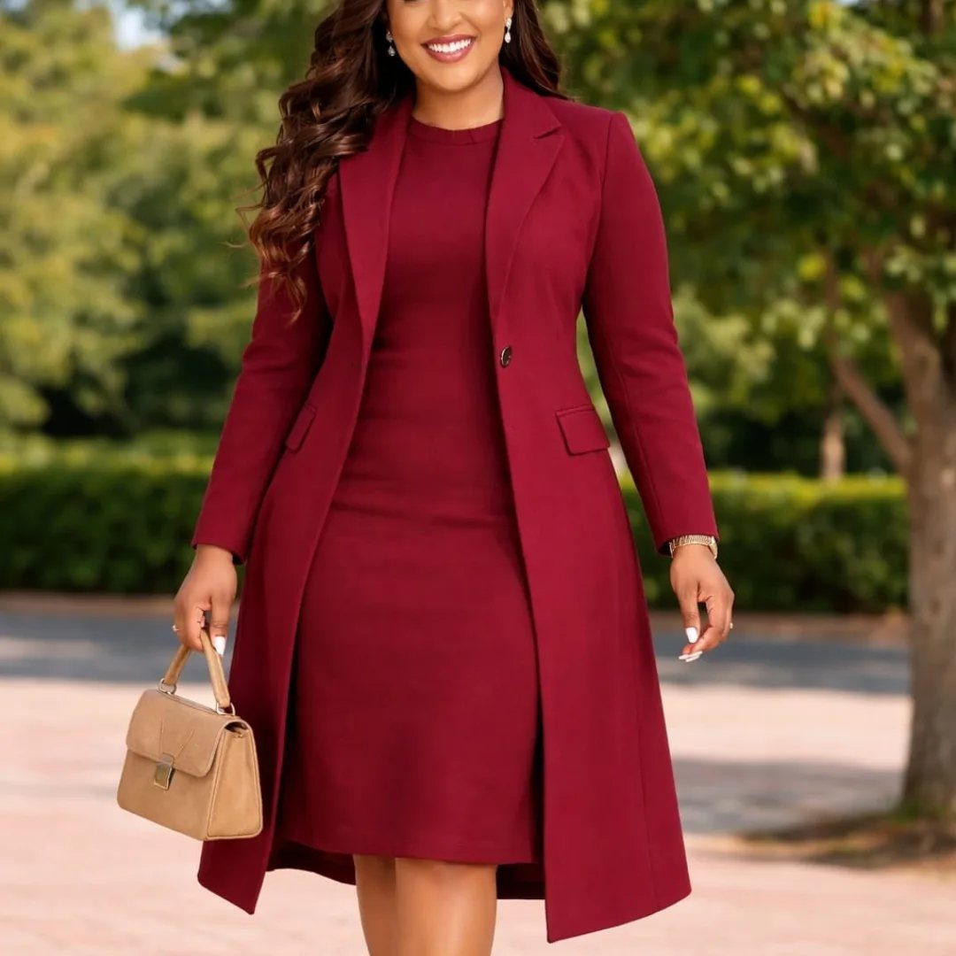 A woman wearing a burgundy dress and matching long coat holding a tan handbag.