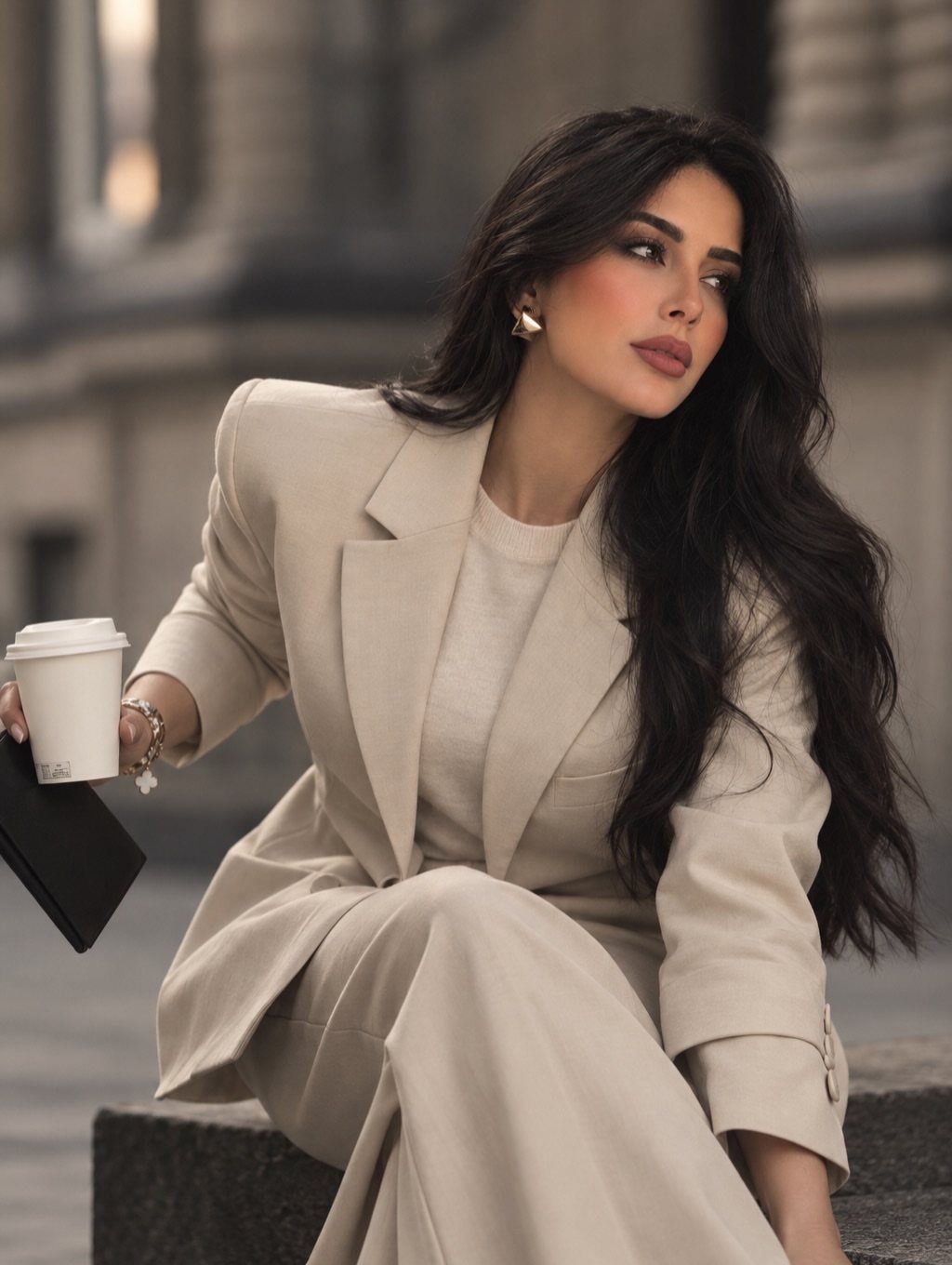 Woman in a beige monochrome suit sitting outdoors while holding a coffee cup and folder.
