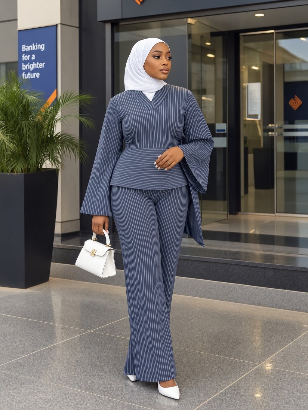 Woman in a blue pinstriped two-piece outfit and white hijab standing outdoors.