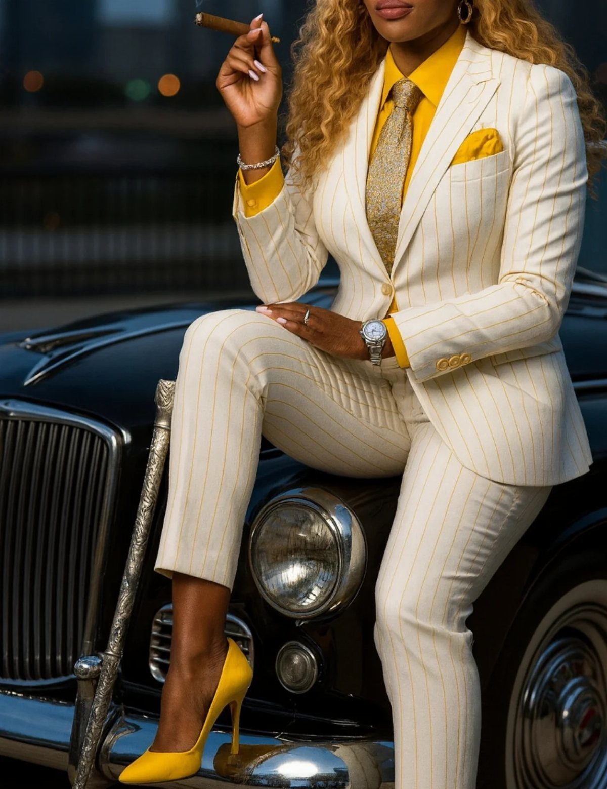 Woman in a cream pinstripe suit and yellow accessories sitting on a vintage black car.
