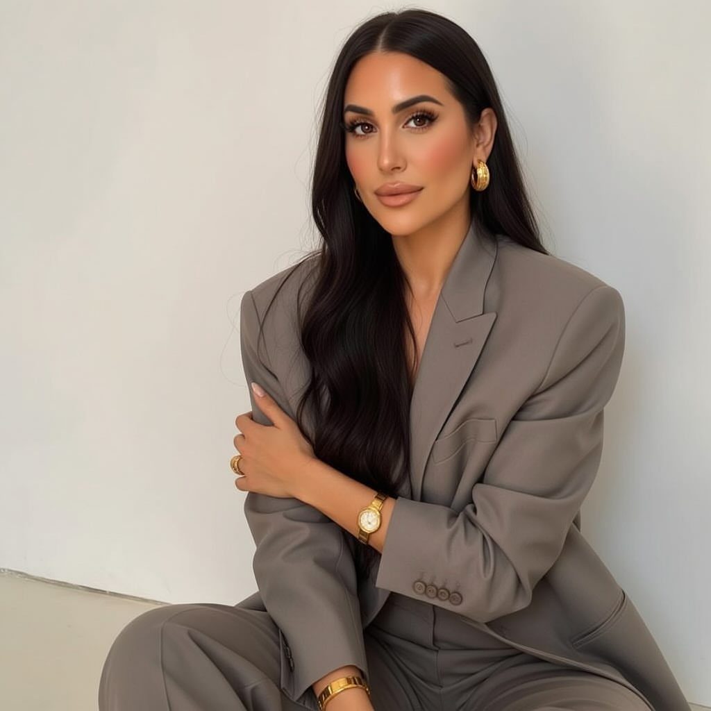 Woman in a taupe blazer wearing gold hoop earrings, a watch, and a ring.
