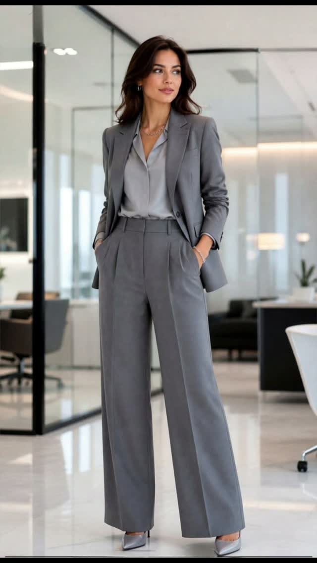 A woman posing in a grey tailored pantsuit and silver heels in a modern office.