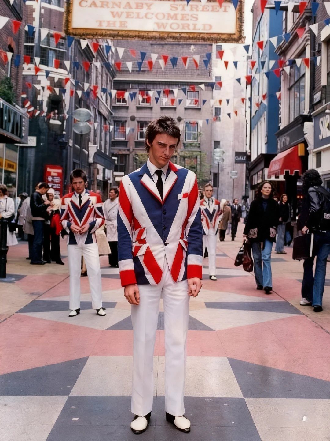 Young man in a Union Jack blazer standing on a decorated Carnaby Street pedestrian walkway.