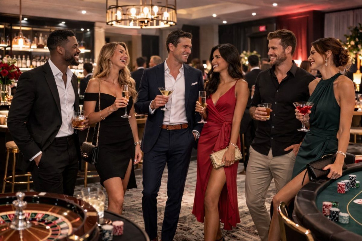 Group of well-dressed people socializing and holding drinks in a casino setting.