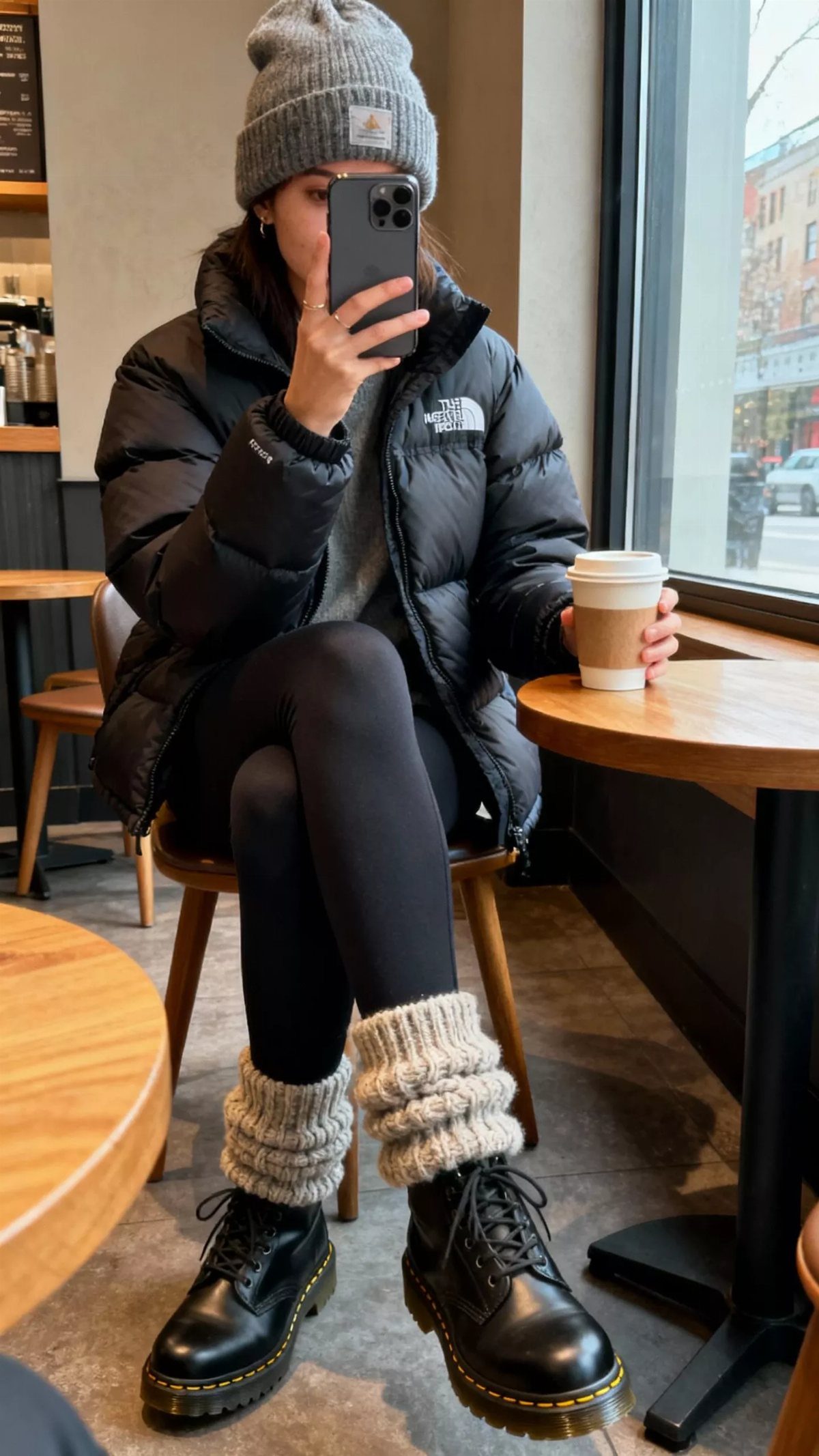 A person wearing a black puffer jacket, grey beanie, and knit leg warmers sitting in a cafe.