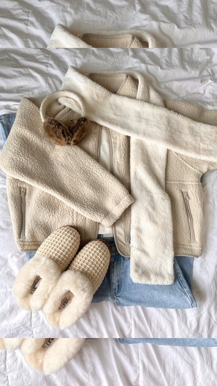 Cream fleece jacket, white scarf, blue jeans, and fuzzy slippers laid out on white bedding.