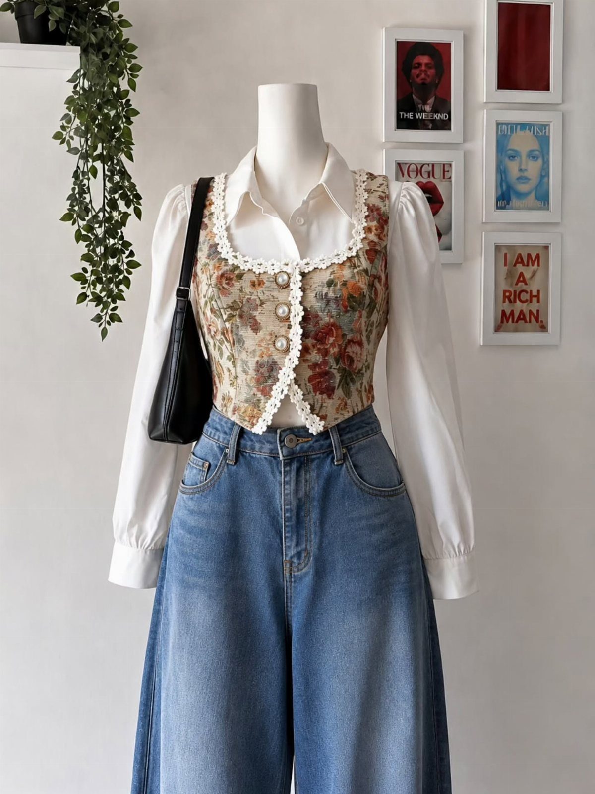 Mannequin wearing a floral cropped vest over a white blouse and wide-leg denim jeans.