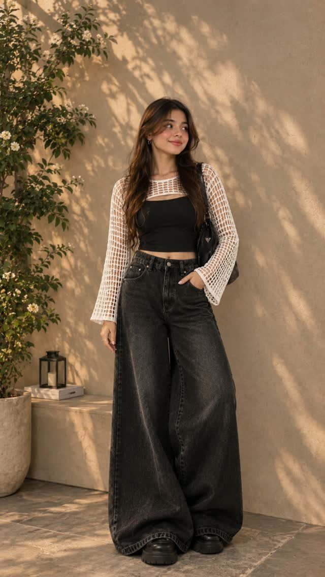 Woman wearing a black crop top, white mesh long-sleeve top, and wide-leg black jeans.