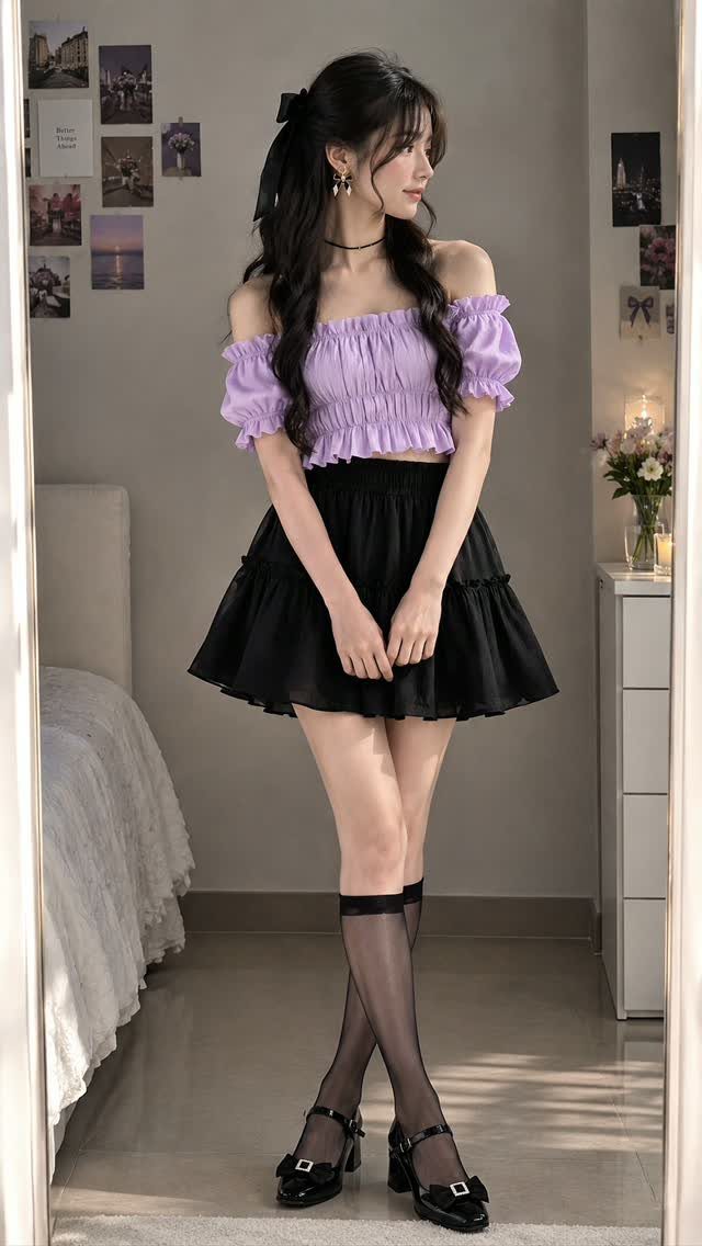 Young woman posing in a purple off-the-shoulder crop top and black skirt.