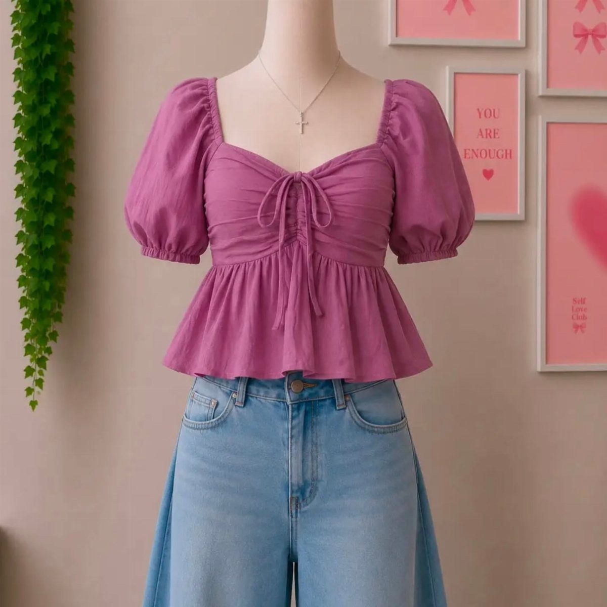 Pink puff sleeve crop top with peplum hem displayed on a mannequin with blue jeans.