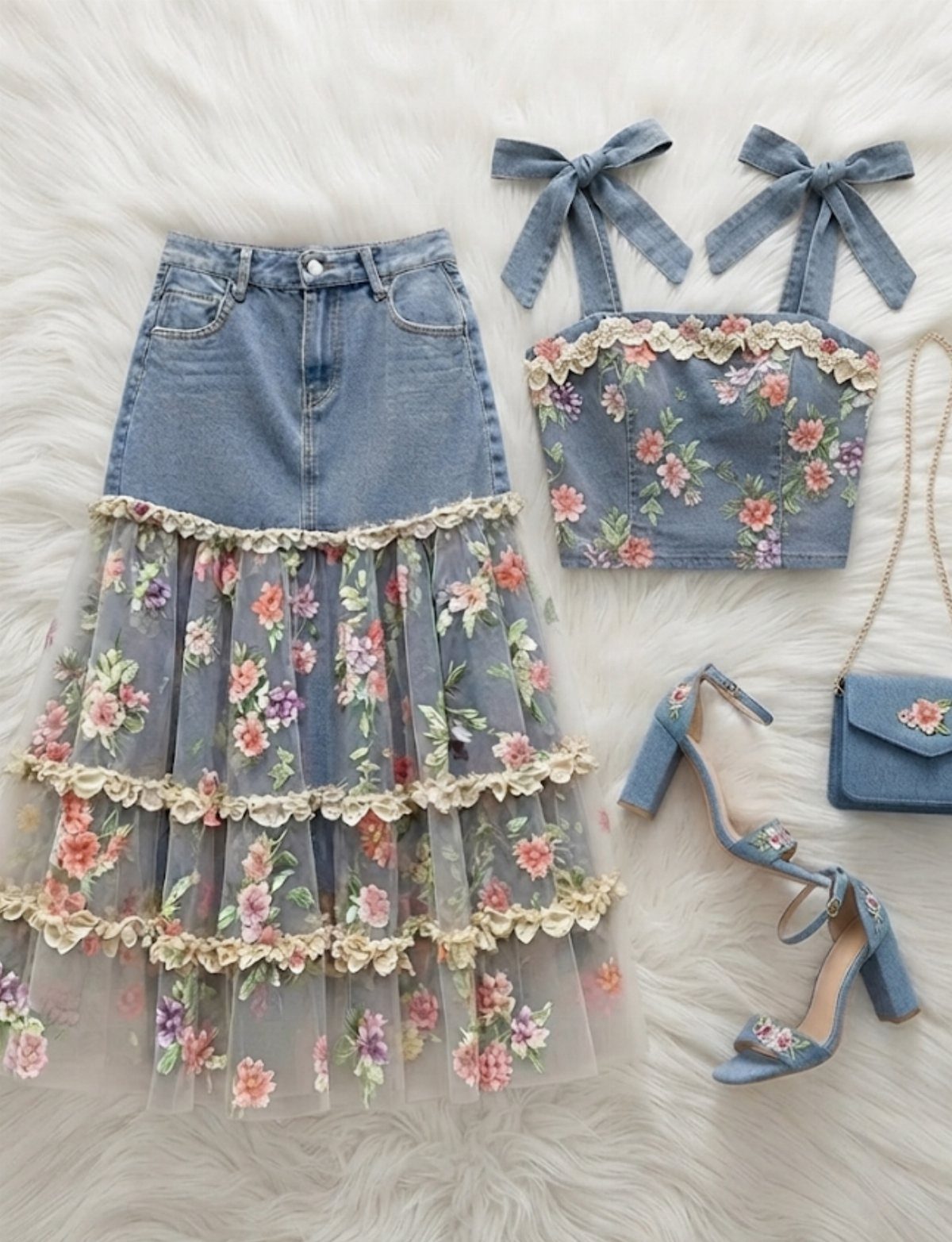 Denim skirt with floral lace tiers, matching crop top, blue sandals, and a small handbag on white fur.