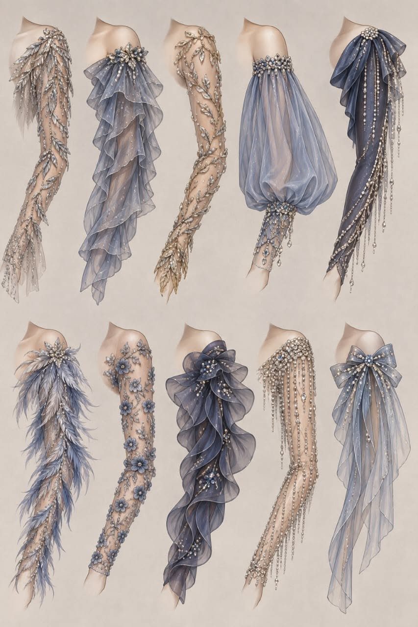 Detailed fashion sketches showcasing various intricate sleeve designs with ruffles, beads, and lace textures.