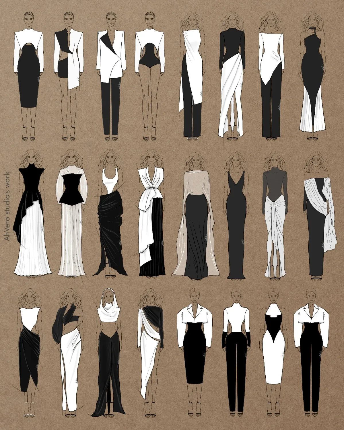 Fashion design sketches of female figures wearing black and white clothing on brown paper.