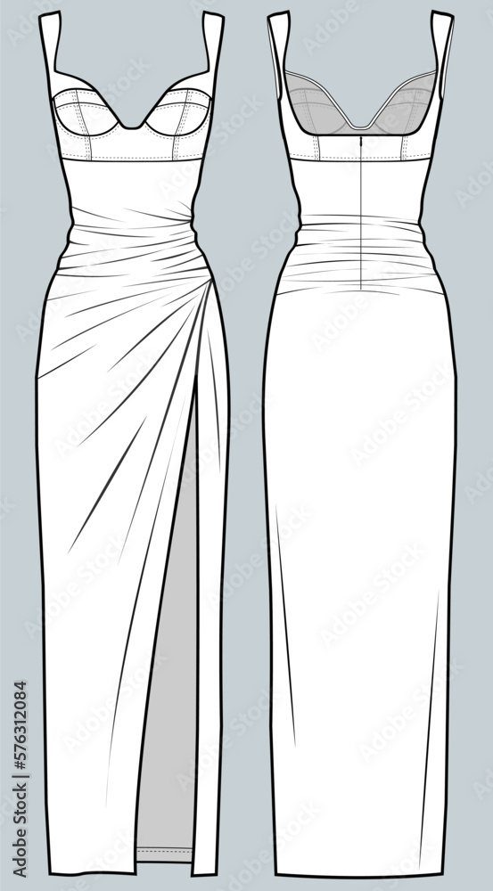 Technical fashion sketches showing the front and back views of a long white evening dress.
