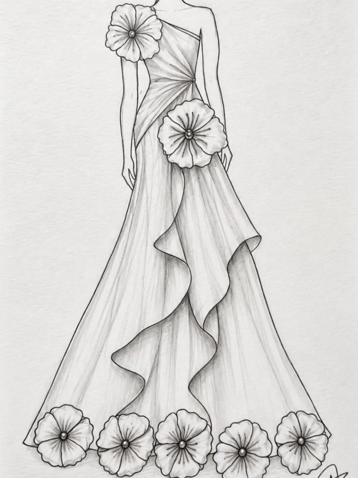 Pencil sketch of a long evening gown decorated with large floral accents on a white background.