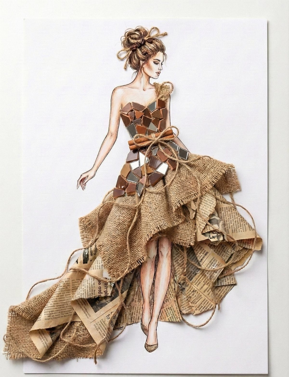 Fashion illustration of a woman wearing a textured burlap and mirror mosaic gown.