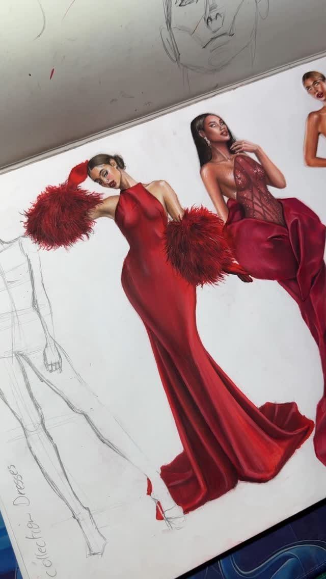 Fashion sketches of women wearing elegant red evening gowns in a designer's sketchbook.