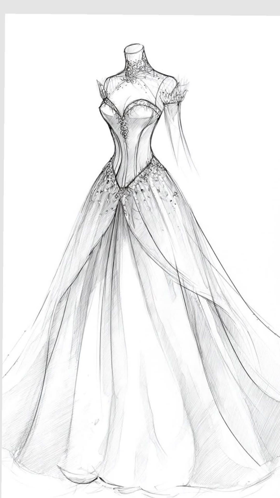 Pencil sketch of an elegant, voluminous ball gown on a fashion croquis illustration.
