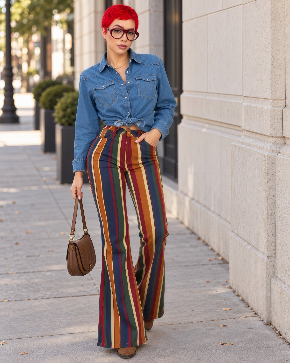 Woman with red hair wearing high-waisted trousers with bold, multicolored vertical stripes.