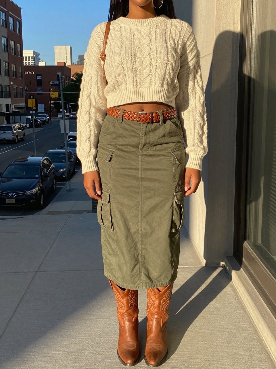 A person wearing a cream cable-knit sweater, olive cargo skirt, and tan cowboy boots.
