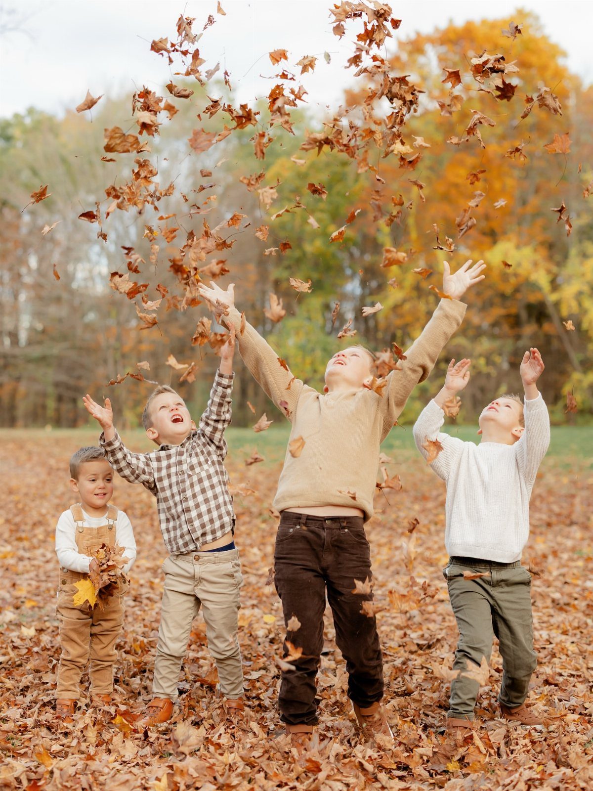 Four young boys throwing autumn leaves into the air in a field of fallen leaves.