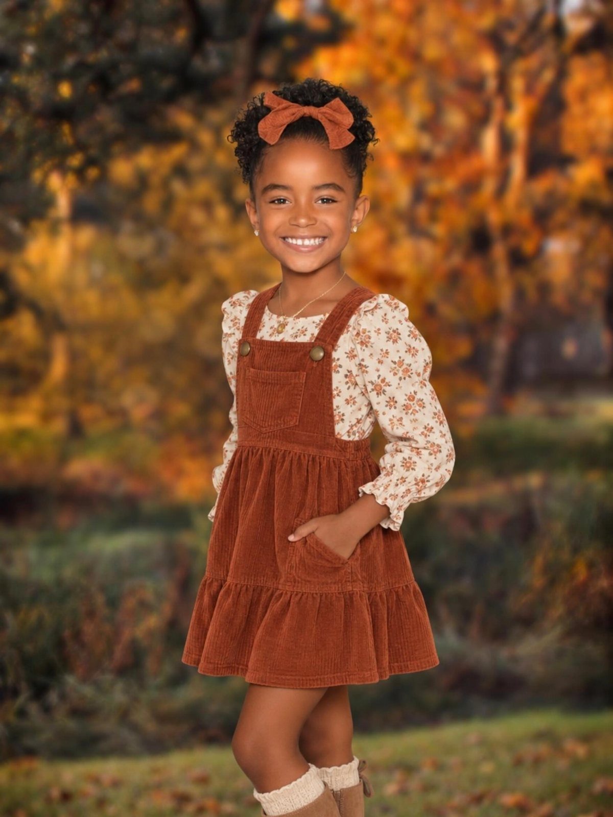 Smiling young girl wearing a rust corduroy jumper and floral blouse in an autumn park.