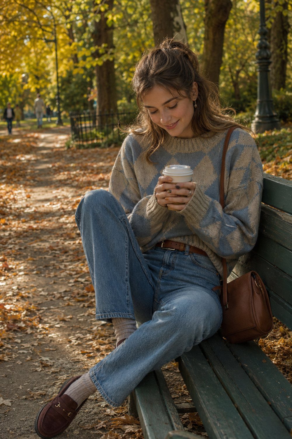 A woman in a diamond pattern sweater sits on a park bench holding coffee.