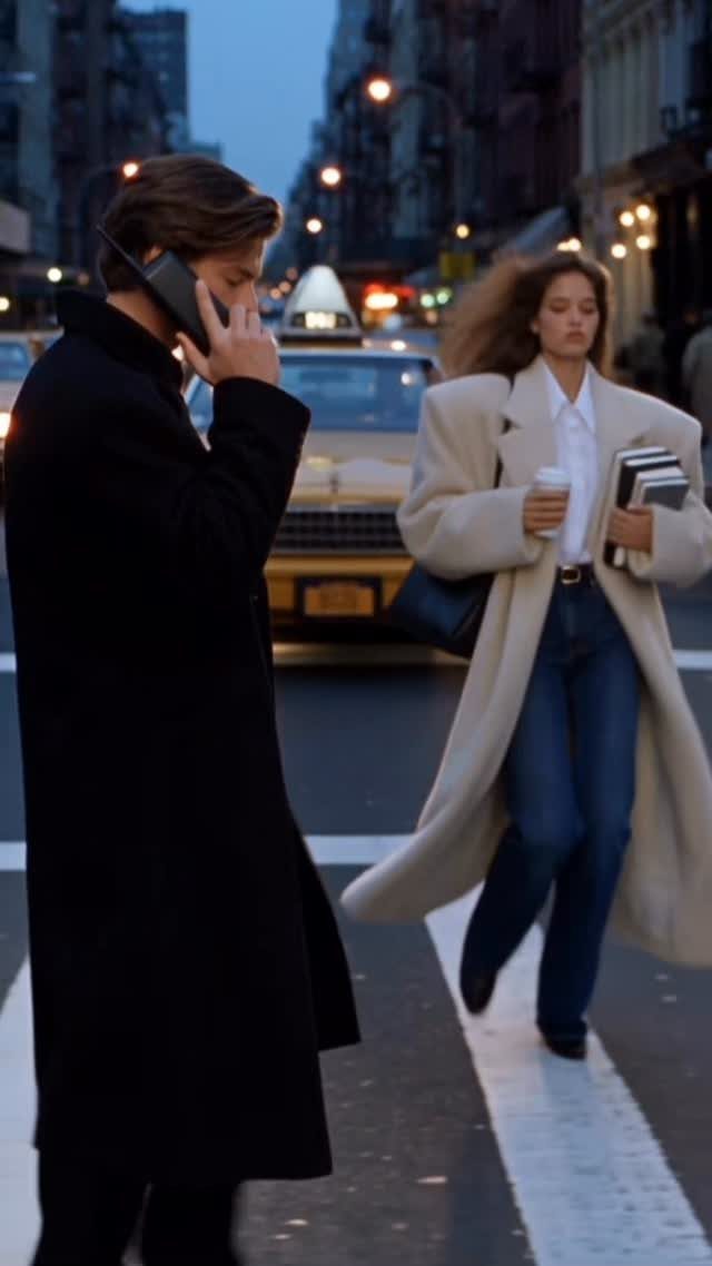 A man talking on a phone and a woman walking across a city street at dusk.