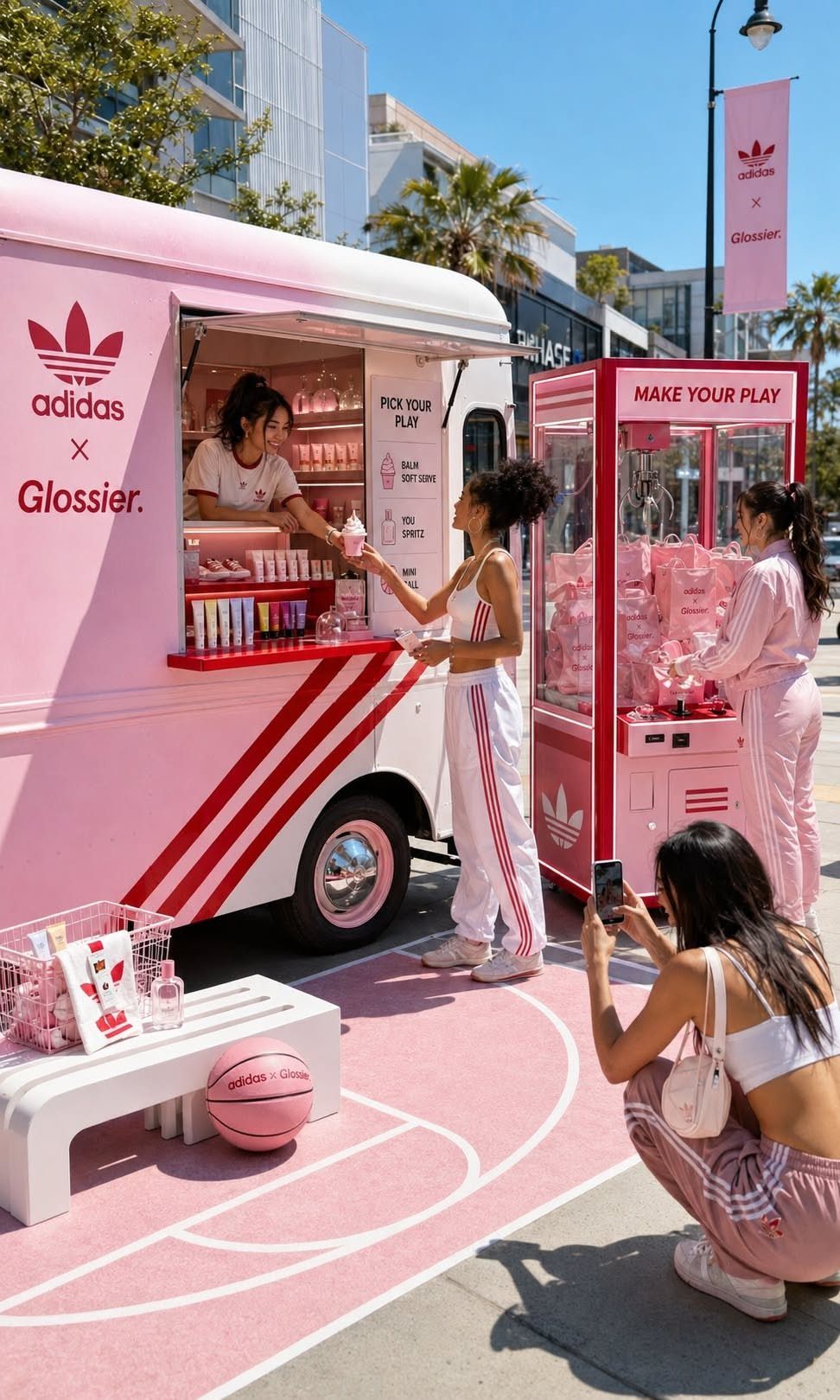A pink Adidas x Glossier branded truck serving customers on a sunny city street.