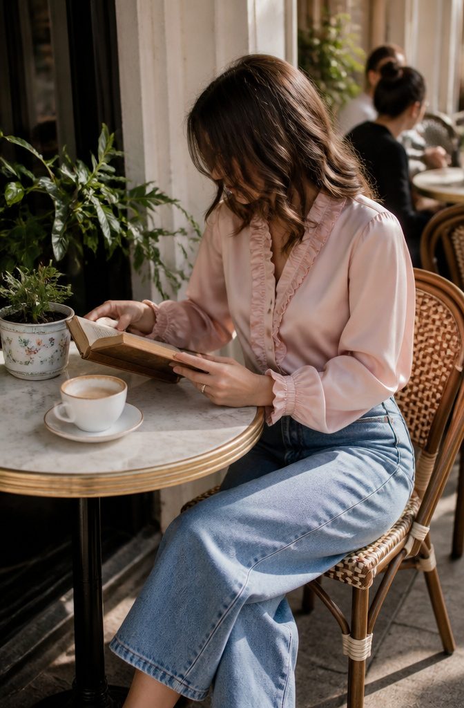 Woman in a pink silk blouse sitting at a café terrace with a book.