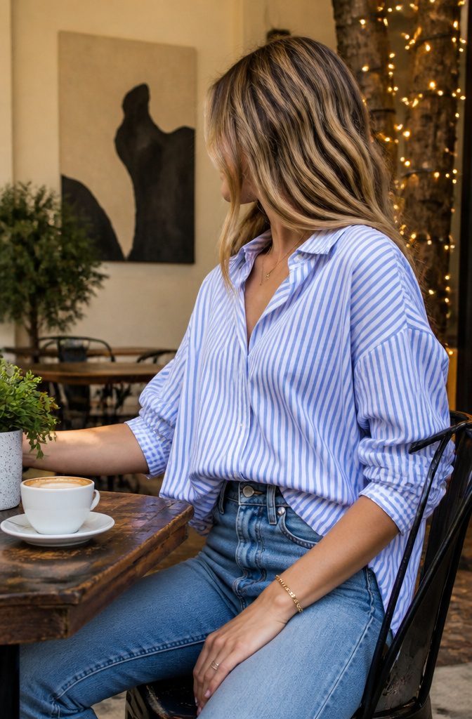 Woman in a boyfriend shirt and jeans at a street-side café.