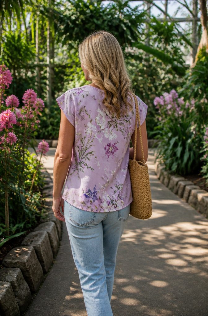 Woman in a cap sleeve shirt surrounded by flowers in a garden.