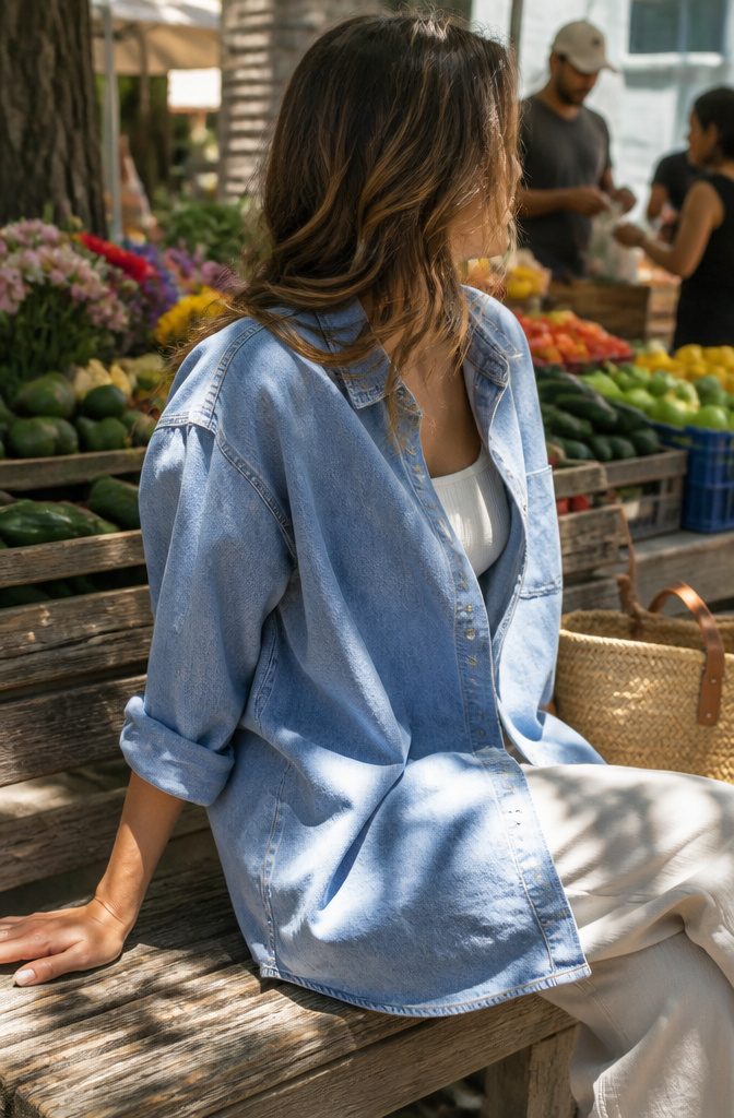 Woman in a denim shirt and tank top at a street market.