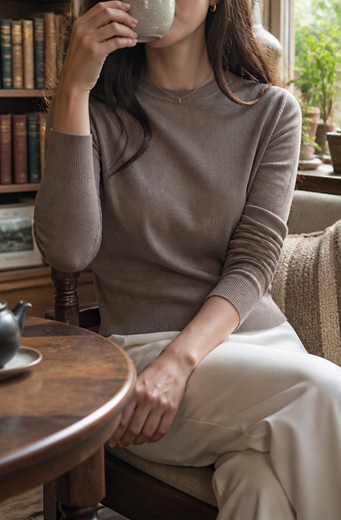 Model in a knit top enjoying tea in a cozy café.
