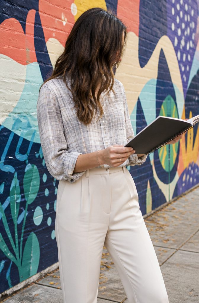 Model in a long sleeve shirt against an artistic mural.