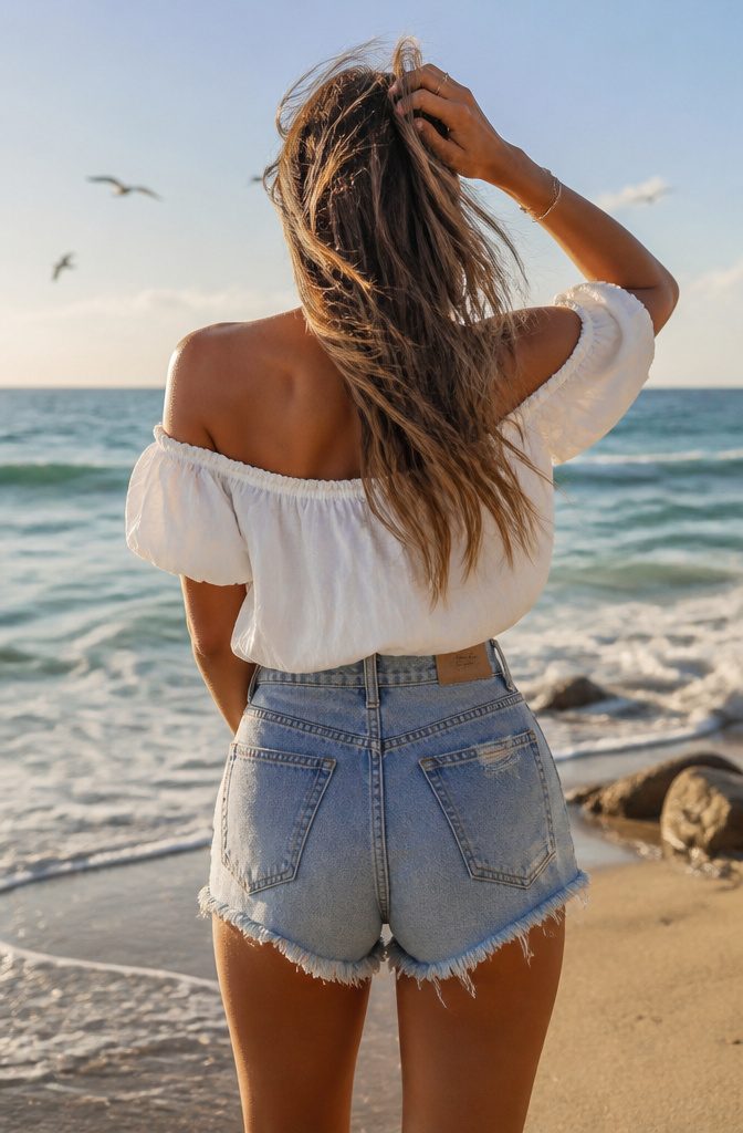 Woman in an off-shoulder top at a beach with ocean waves.