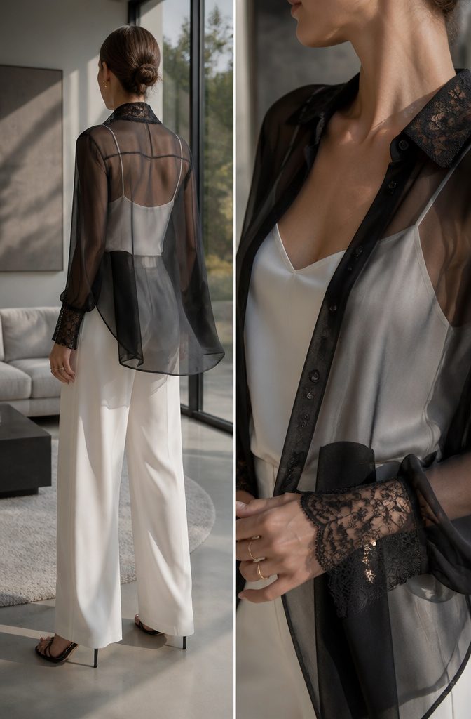 Woman in a sheer shirt with a camisole underneath.