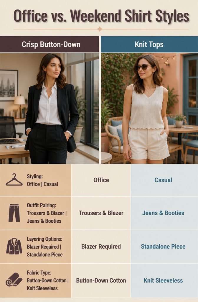 Office shirt styles comparison image featuring a button-down shirt.
