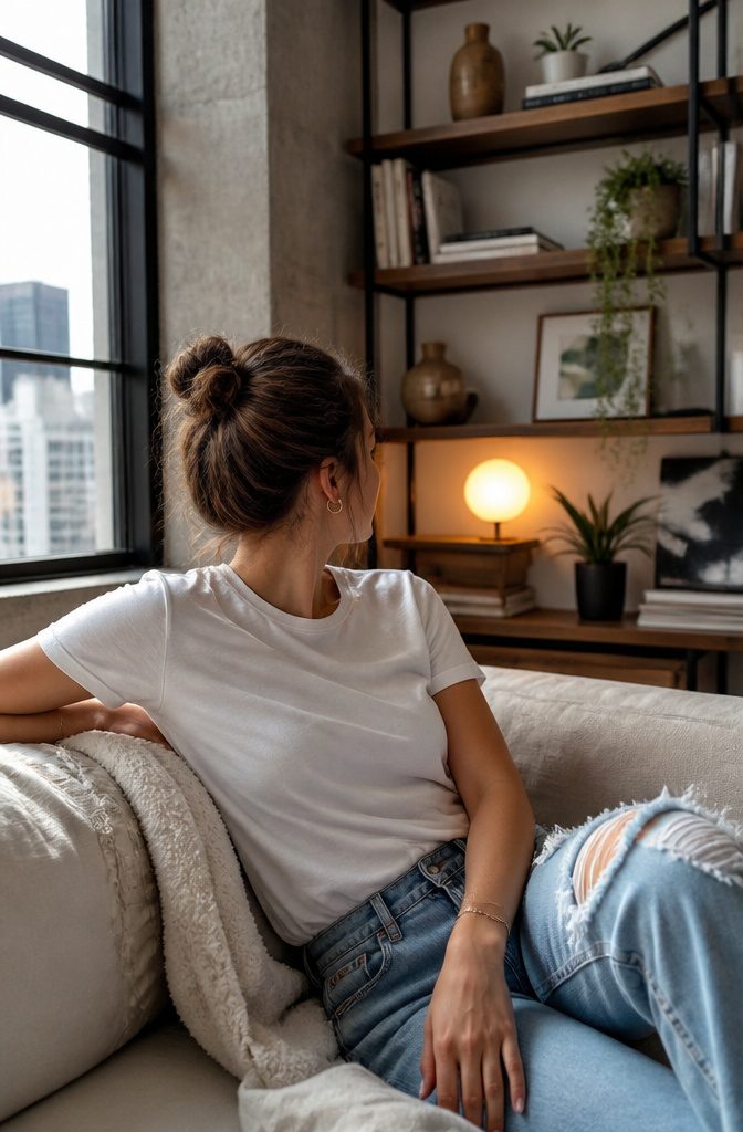 Woman in a white t-shirt and jeans in an urban loft.