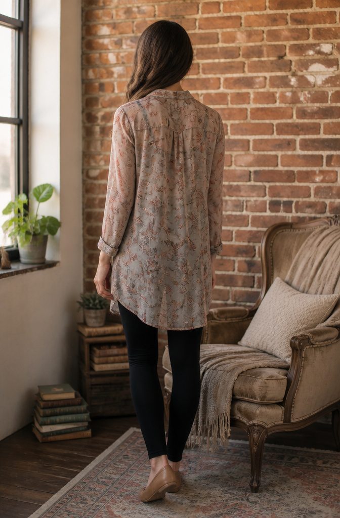 Model wearing a long tunic and black leggings by a brick wall.